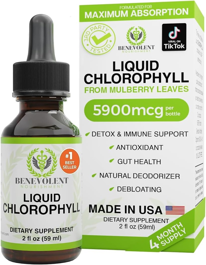 Gouttes liquides de chlorophylle - Détox et immunosupport, Désodorisant interne et supplément pour la santé de la peau, non OGM, approvisionnement de 4 mois, saveur de menthe naturelle