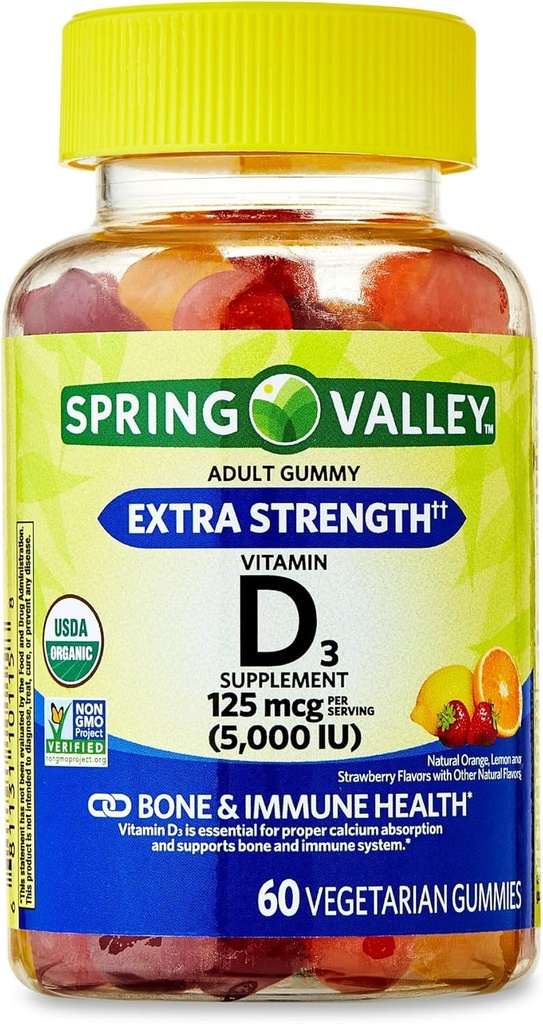 IKJ Extra Strength Vitamine D3 Bone & Immune Santé Supplément alimentaire Gummies végétariennes, 125 mcg (5 000 UI), 60 Compte