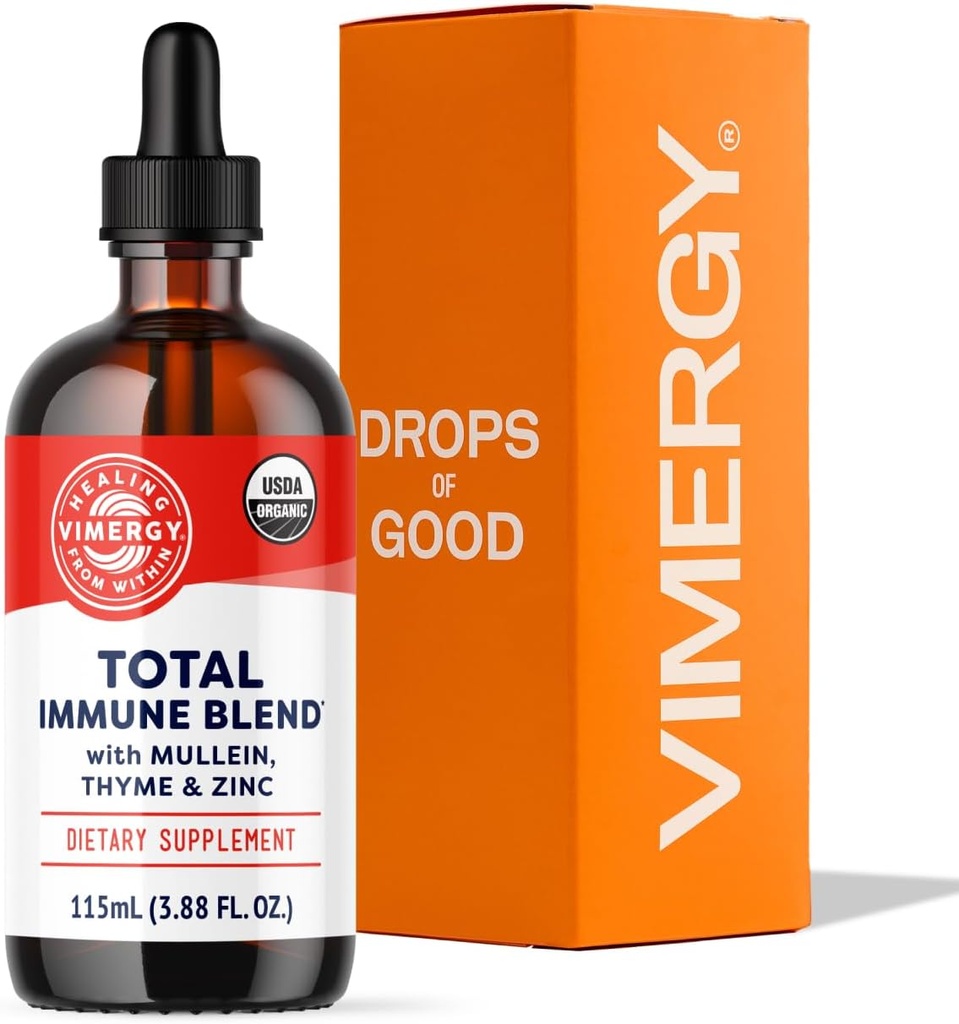 Mélange d'Immune Total Vimergy* Supplément liquide, 57 portions Support d'Immune à absorption rapide – All-Season, Zinc, Thym et Mullein gouttes non-OGM, Vegan, USDA Organic, Immunity Support for Adults (115 mL)