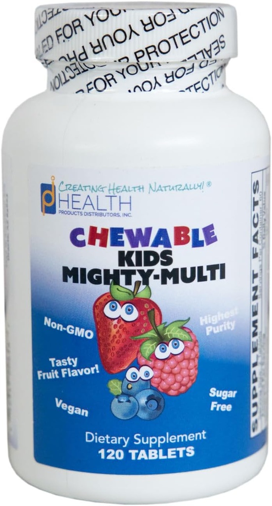 KIDS MIGHTY-MULTI (120 comprimés) – Multivitamines à croquer – ingrédients non OGM purs, sans sucre ou ingrédients artificiels – naturellement sucrés avec du Xylitol et extrait de feuille de Stevia – convient aux adultes