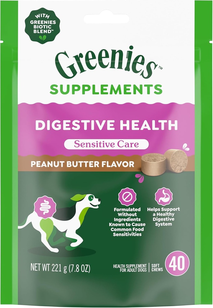 Greenies Sensitive Care Digestive Health Dog Supplement Chicken-Free Formula, with a Probiotic for Dogs, Peanut Butter Flavor, 40 Count Pouch