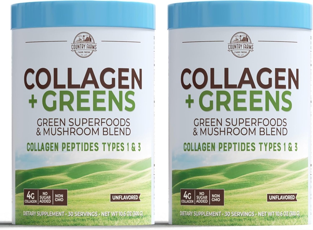 COUNTRY FARMS Collagen Peptides Powder with Greens Dietary Powder Supplement (Type I, III) for Skin Hair Nail and Joints, Dairy/Gluten/Sugar Free, Energizing Superfoods, 21.2 Oz, 60 Servings