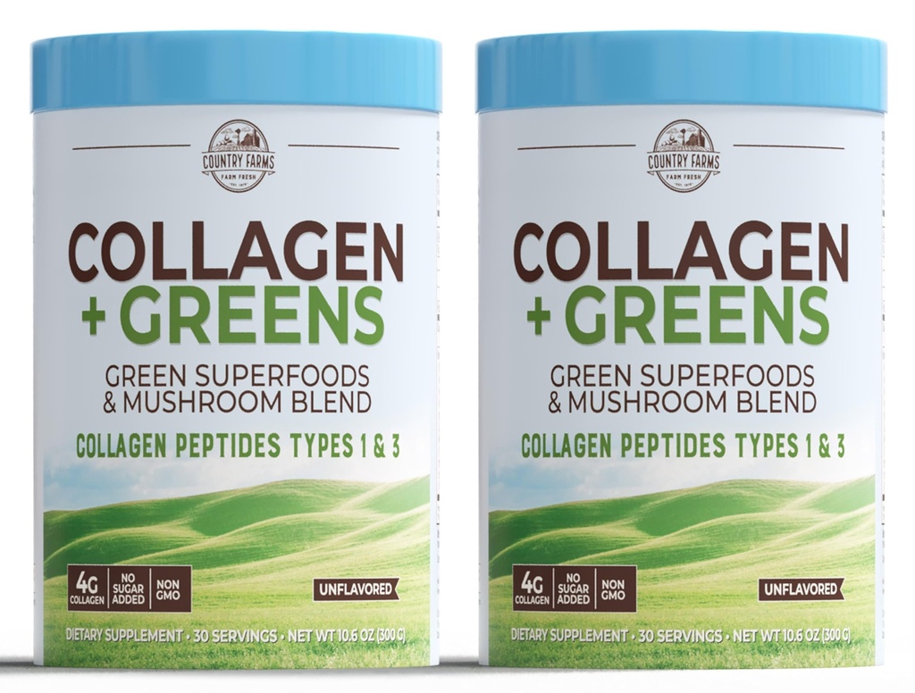 COUNTRY FARMS Collagen Peptides Powder with Greens Dietary Powder Supplement (Type I, III) for Skin Hair Nail and Joints, Dairy/Gluten/Sugar Free, Energizing Superfoods, 21.2 Oz, 60 Servings