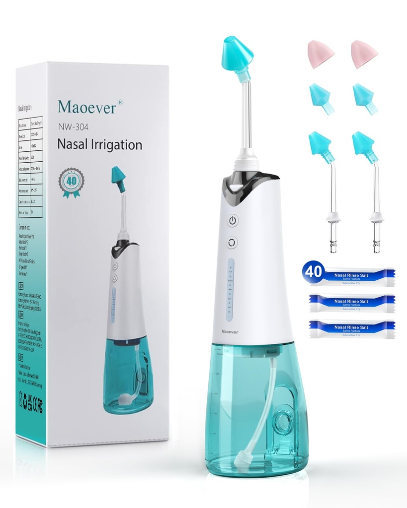 Système d'irrigation nasale, Machine de rinçage nasal sans fil pour le soulagement du sinus et l'entretien nasal, Pot électrique Neti avec 6 conseils et 40 paquets de sel Kit système d'irrigation nasale pour adultes et enfants