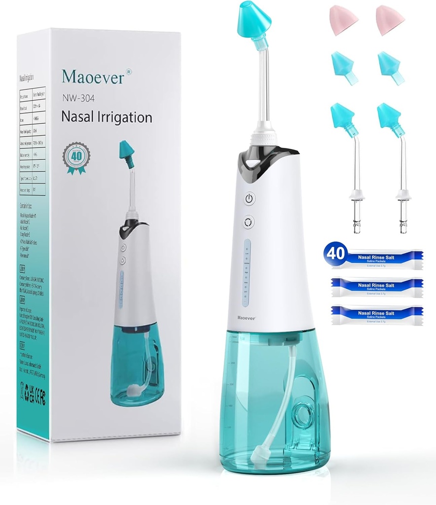 Système d'irrigation nasale, Machine de rinçage nasal sans fil pour le soulagement du sinus et l'entretien nasal, Pot électrique Neti avec 6 conseils et 40 paquets de sel Kit système d'irrigation nasale pour adultes et enfants