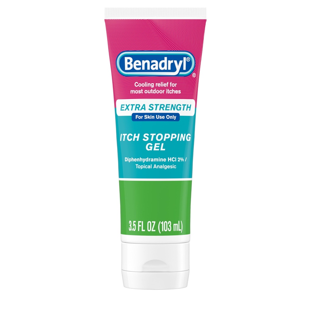 Benadryl Extra Strength Gel anti démangeaison, 2% Diphenhydramine HCl, Soulagement des piqûres d'insectes, Sunburn & More, Idéal pour Camping Essentiels, 3,5 fl oz
