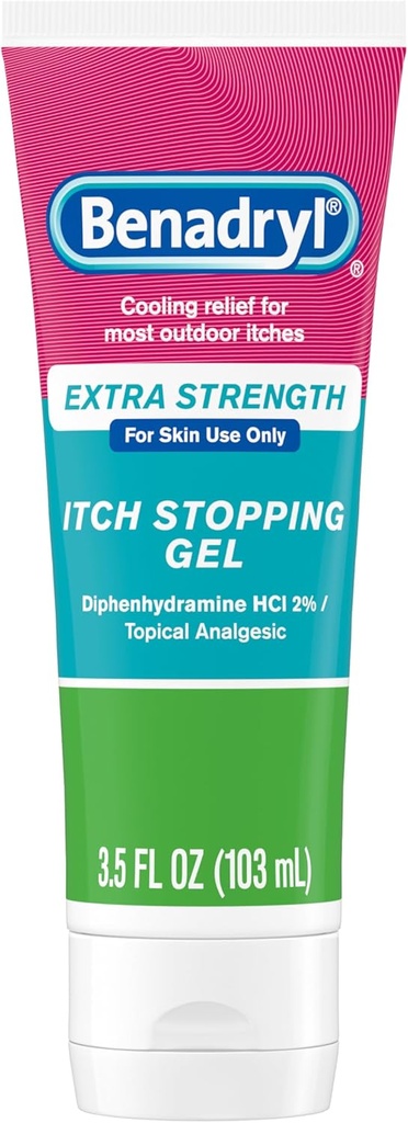 Benadryl Extra Strength Gel anti démangeaison, 2% Diphenhydramine HCl, Soulagement des piqûres d'insectes, Sunburn & More, Idéal pour Camping Essentiels, 3,5 fl oz
