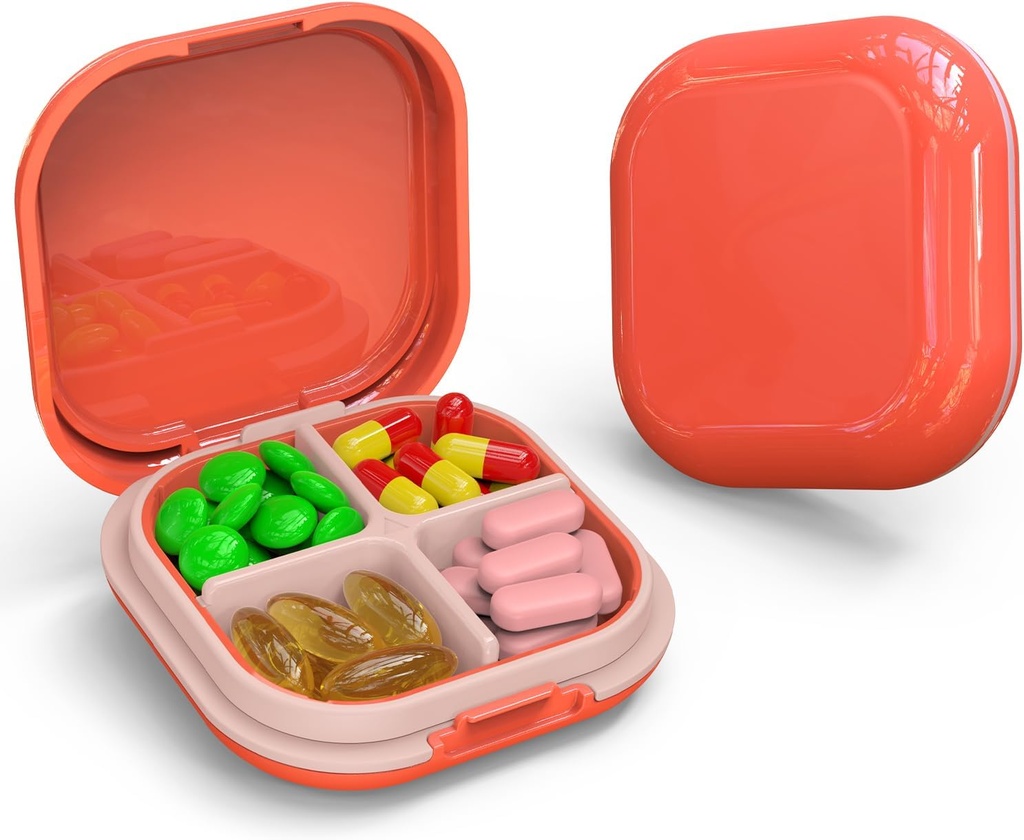 Daily Pill Organizer 4 Compartiments, Petite Pill Box Portable Travel Pill Case, Mini Pill Container for Purse Pocket, Compact Travel Medicine Organizer for Vitamine, Cod Liver Oil, Supplément (Pink)