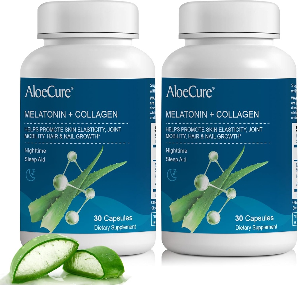 AloeCure Melatonine naturelle + collagène avec Aloe Vera biologique - Supplément d'aide au sommeil naturel pour les nuits reposées - Collagène complexe pour la force articulaire, l'élasticité cutanée, la croissance des cheveux et des ongles, 30 capsules