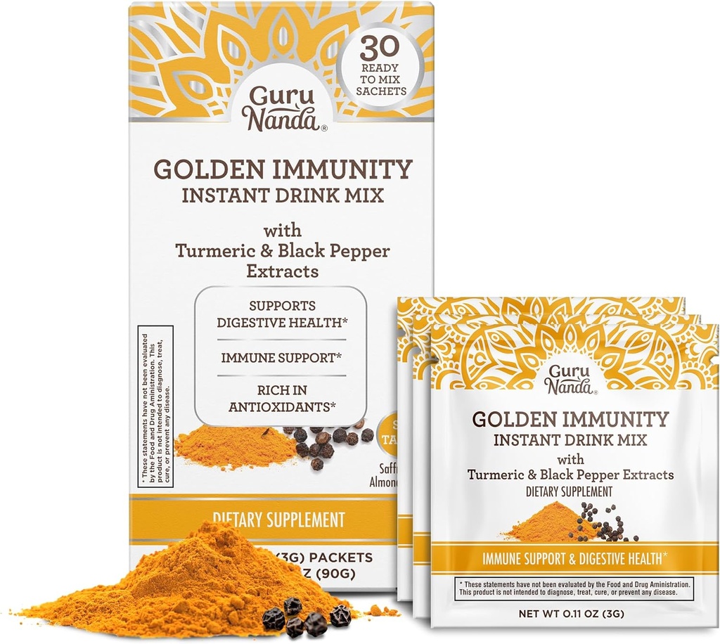 GuruNanda Golden Immunity Instant Drink Mix with Turmeric & Black Pepper - Riche en antioxydants pour soutenir le système immunitaire et la santé digestive - Safran et amande aromatisé, sur le pouce des sachets (30 comte)