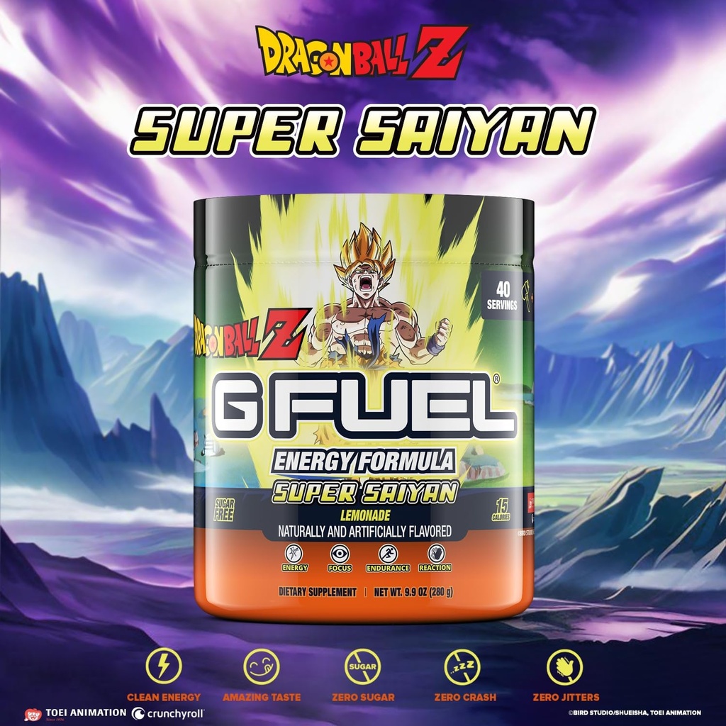 G Carburant Dragon Ball Z Energy Drink Poudre, Pré-entraînement Caféine Mix pour le jeu, Sucre sans accent Amino, Vitamine + Antioxydants, 9.9oz (Lémonade, 40 portions)