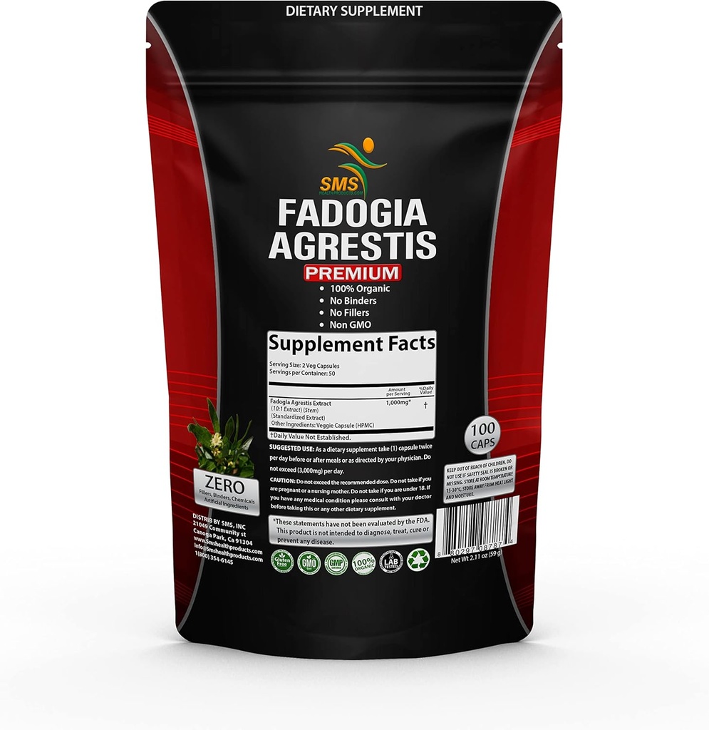 Fadogia Agresti Extract Pills (Force maximale) 1 000 mg Servants Soutient la performance athlétique, la force, le moteur, biologique, non OGM, tiers testé, supplément de 100 capsules de légumes