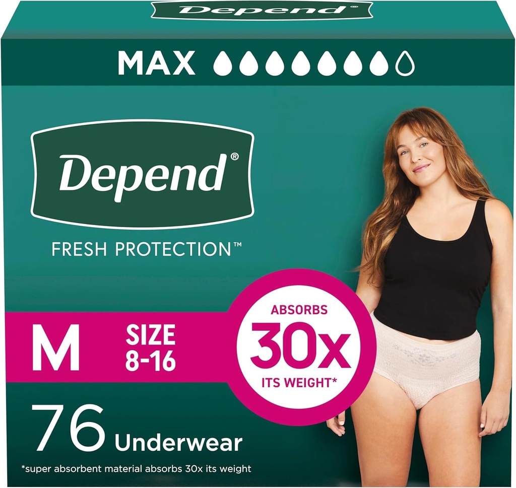 Depend Fresh Protection Couches adultes, Incontinence & Postpartum Bladder Sous-vêtements pour femmes, jetable, maximum, moyen, Blush, 76 Compte (2 paquets de 38), Emballage Mai Varier
