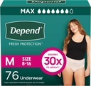 Depend Fresh Protection Couches adultes, Incontinence & Postpartum Bladder Sous-vêtements pour femmes, jetable, maximum, moyen, Blush, 76 Compte (2 paquets de 38), Emballage Mai Varier