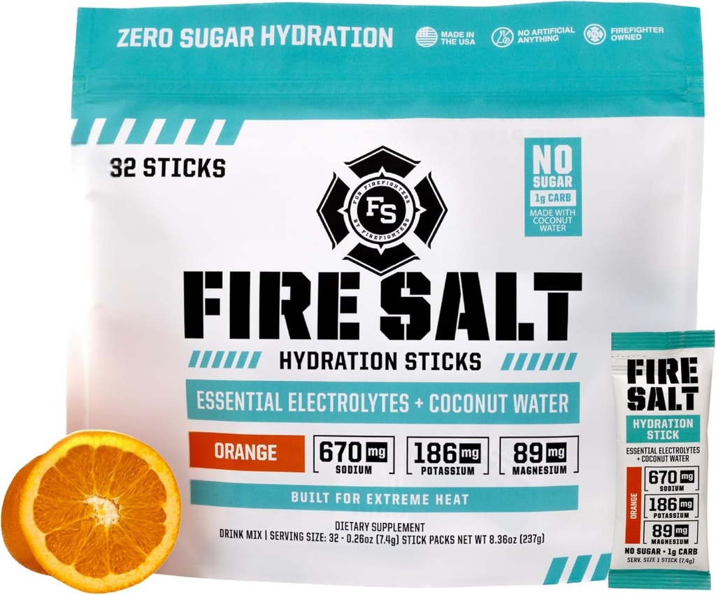 Fire Science Fire Salt Hydration Sticks, Electrolytes & Coconut Water, Hydration Drink Mix with Magnesium, Potassium & Sodium, Zero Sugar, Single Serve On The Go Packs, Vegan, Orange Flavor, 32 Count