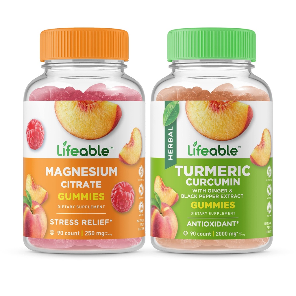 Lifeable Magnesium 85mg + Turmeric Curcumin, Gummies Bundle - Great Tasting, Vitamin Supplement, Gluten Free, GMO Free, Chewable Gummy