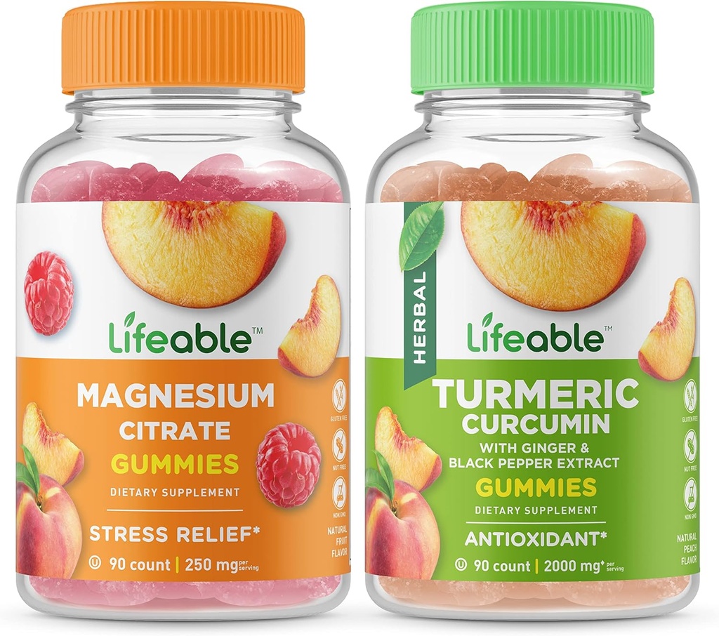 Magnésium vivace 85mg + Curcumine curcuma, Gummies Bundle - Grande dégustation, supplément de vitamine, sans gluten, sans OGM, gummy à croquer