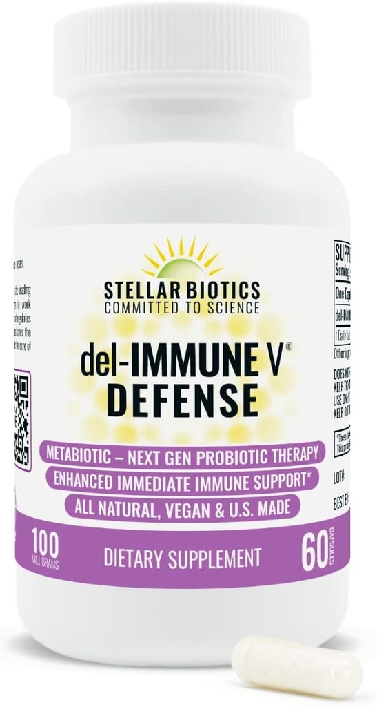 Del-Immune V® Defense by Stellar Biotics, All-Natural Immmune Support & Gut Health (+) Soins immédiats, Métabiotique: NextGen Probiotic Therapy (60 capsules)