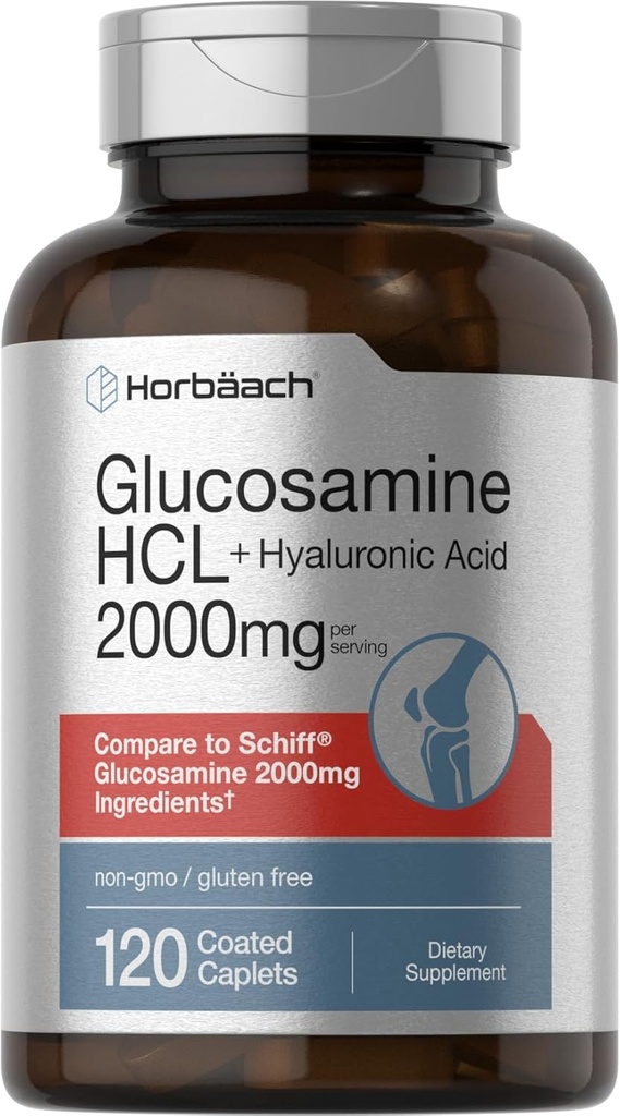 Horbäach Glucosamine HCL. avec acide hyaluronique 2000mg. 120 Caplets enduits.
