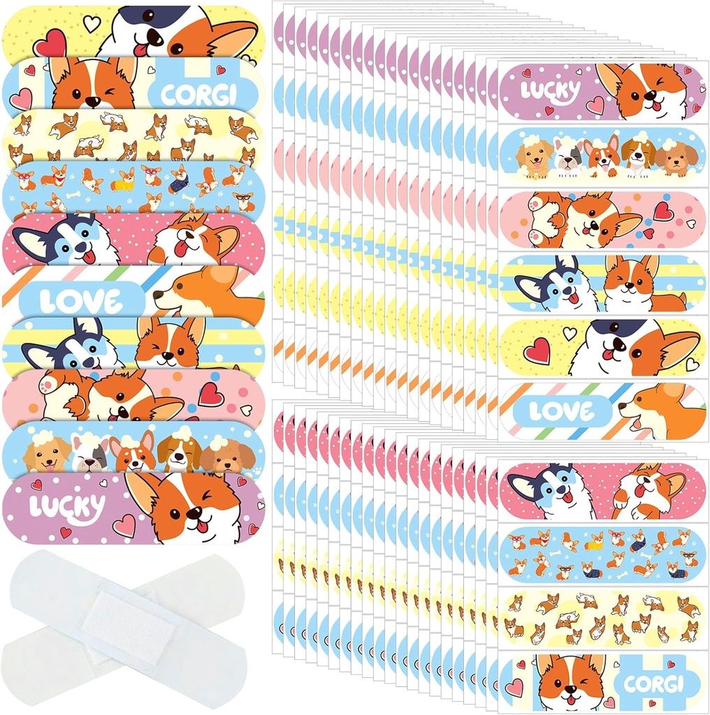 Patelai 300 pièces Bandes enfants Bulk 10 Styles Adhésif pour enfants Flexible Coloré Bandes de dessins animés imperméables Respirant Stickers Protection Coupes pour filles Garçons(Dog)