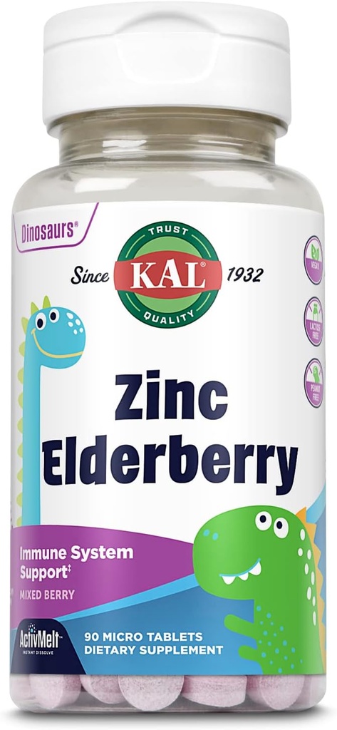 KAL Kids Zinc Elderberry Dinosaurs, supplément de soutien immunitaire* pour les enfants avec une baie d'eau de Sambucus, dissolution rapide ActivMelts de baies mixtes, amusant, formes de dino savoureux, végétalien, 90 portions, 90 micro comprimés