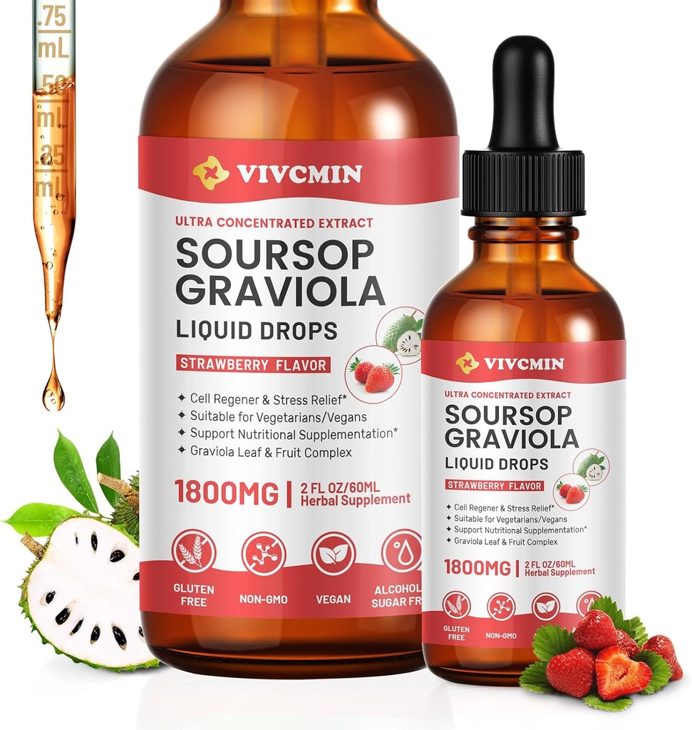 Graviola Soursop Extract Liquid - Soursop Bitters Liquid, support immune, relax, foie et sommeil, sans sucre et sans alcool, formule très absorbante, goût de fraise, 2 Fl Oz