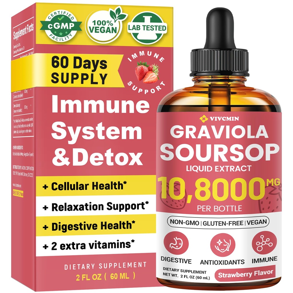 Graviola Soursop Extract Liquid - Soursop Bitters Liquid, support immune, relax, foie et sommeil, sans sucre et sans alcool, formule très absorbante, goût de fraise, 2 Fl Oz
