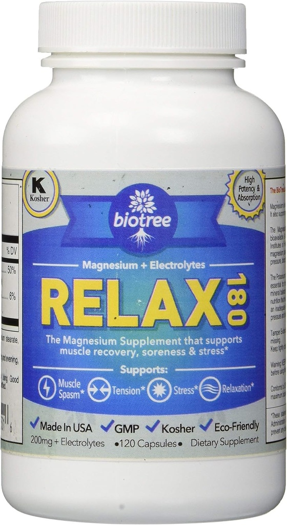 BioTree Labs Relax 180 - Pack de 120, supplément de magnésium et de potassium avec électrolytes