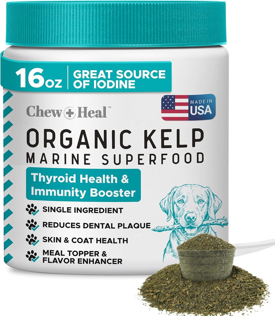 Supplément Kelp pour chiens - 16 oz de granules de poudre Kelp avec 5cc Spoon - Bon pour la fonction thyroïde saine, réduire la plaque dentaire et la santé de la peau - Fabriqué aux États-Unis