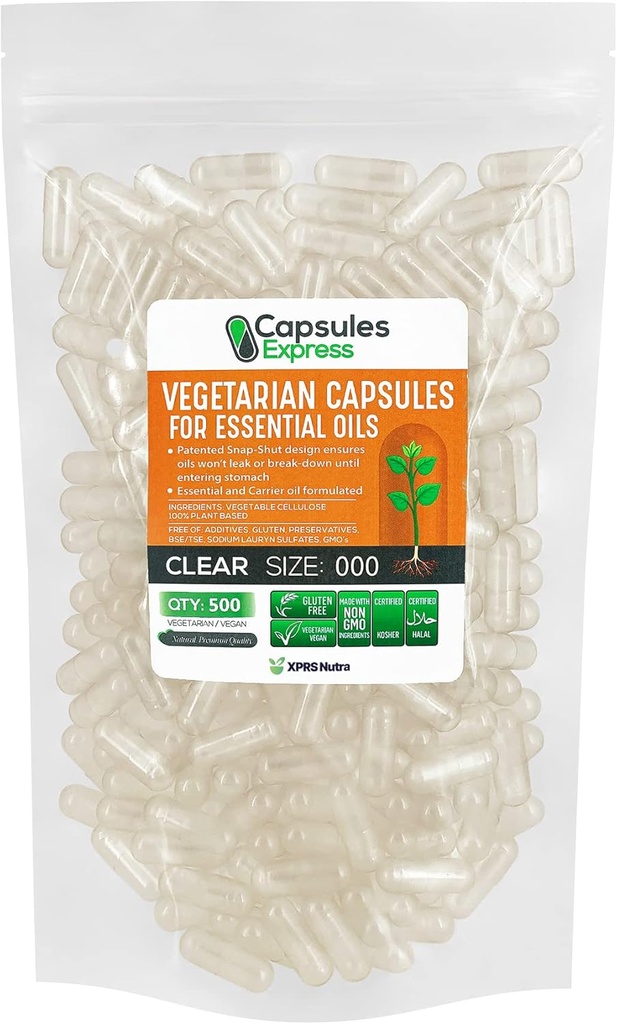XPRS Nutra Size 000 Empty Vegan Capsules - 500 Count Large Clear Veggie Capsules for Most Essential Oils - Empty Vegetable Pills - DIY Oil Filling