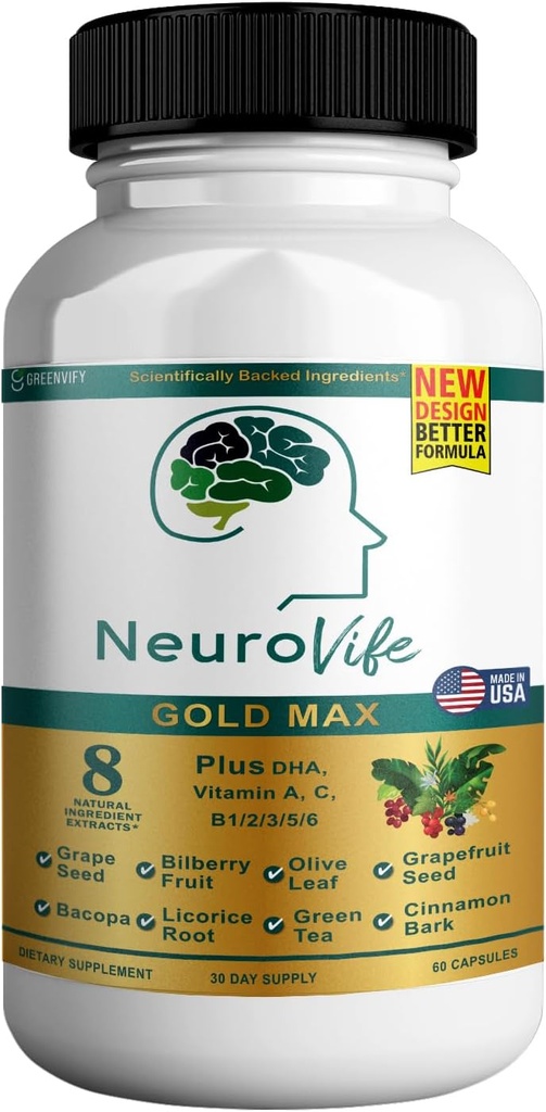 NeuroVife Gold Max Brain Support Supplement | 8 Natural Extracts with DHA, Vitamins A, C, B Complex | 60 Veggie Capsules | Made in USA (1)