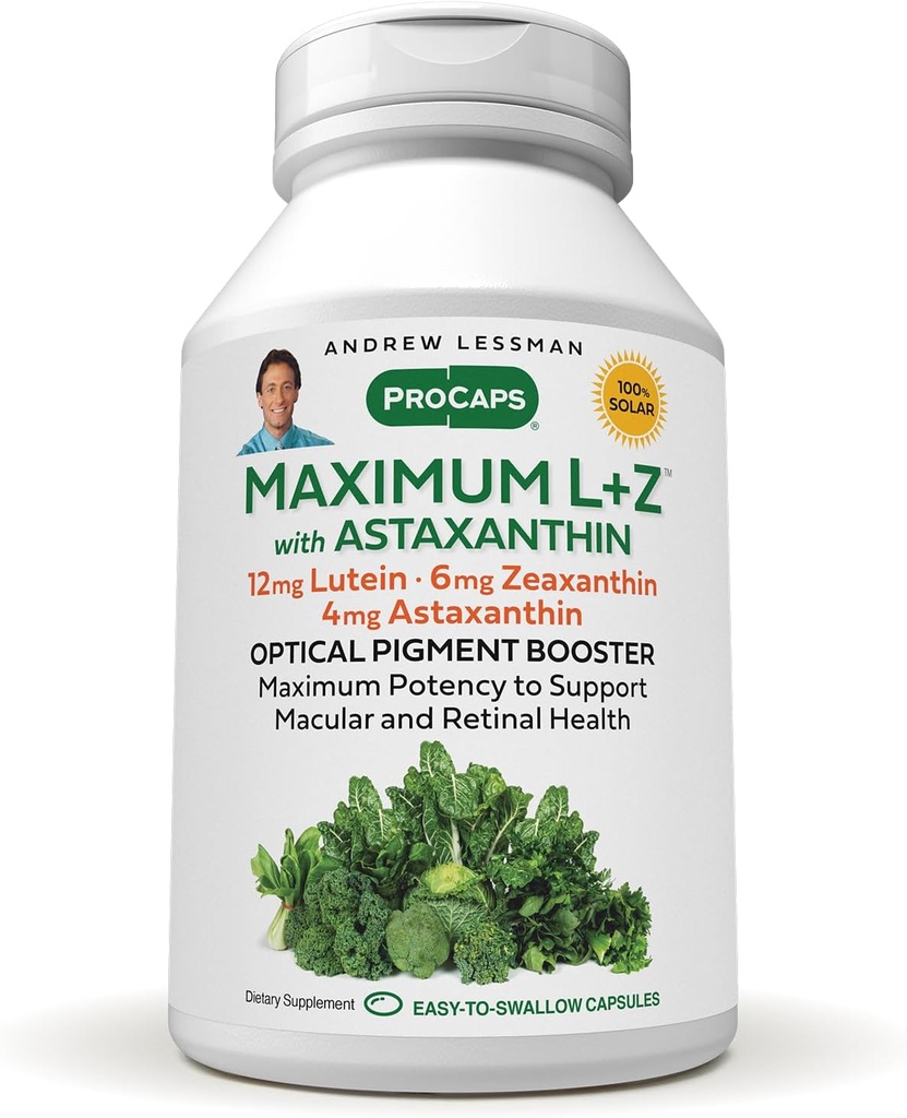 ANDREW MOINSMAN Maximum L+Z avec Astaxanthin 120 Softgels - 12mg Lutéine, 6mg Zeaxanthin, 4mg Astaxanthin. Éléments nutritifs clés pour appuyer la santé des yeux et du cerveau et promouvoir une vision saine.
