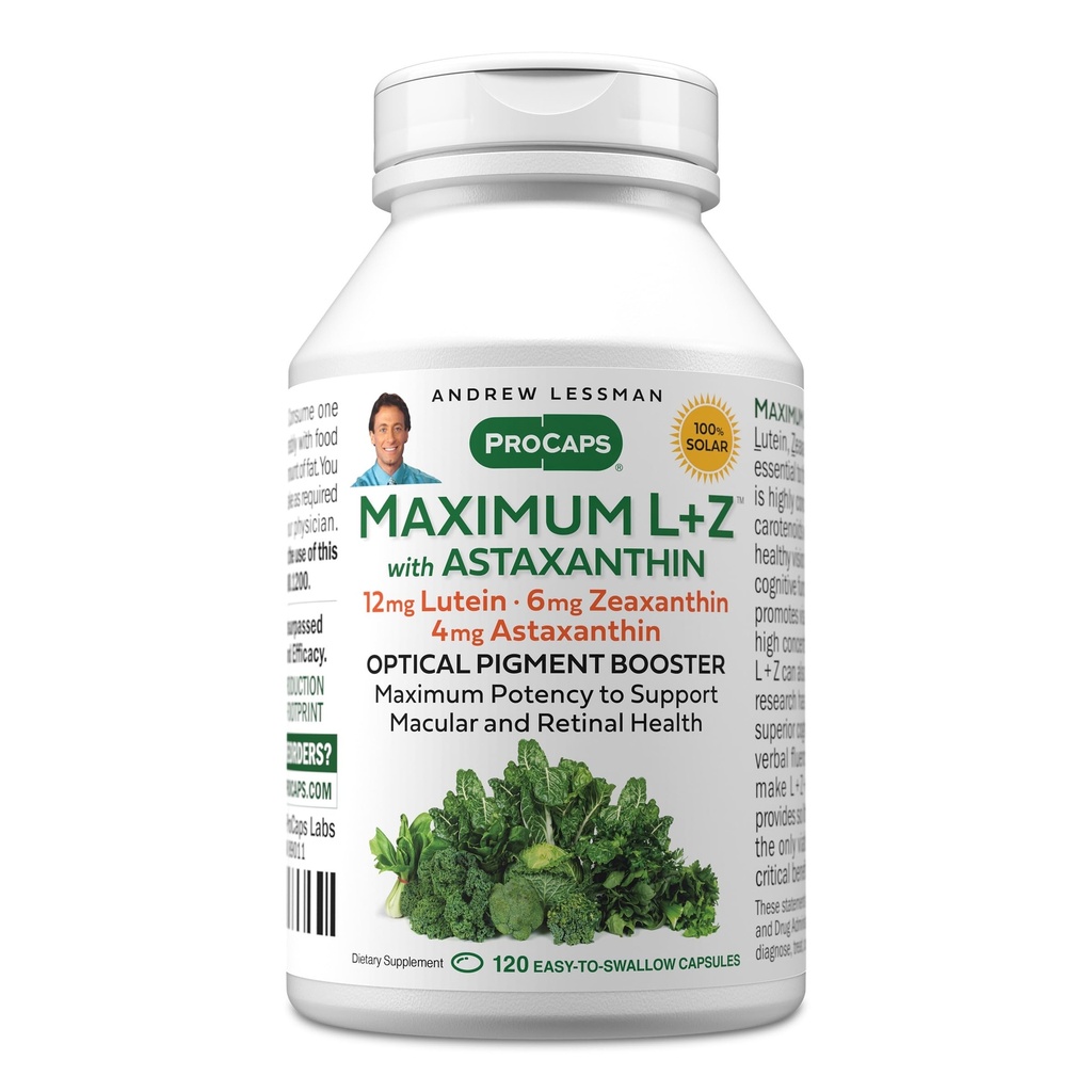 ANDREW MOINSMAN Maximum L+Z avec Astaxanthin 120 Softgels - 12mg Lutéine, 6mg Zeaxanthin, 4mg Astaxanthin. Éléments nutritifs clés pour appuyer la santé des yeux et du cerveau et promouvoir une vision saine.
