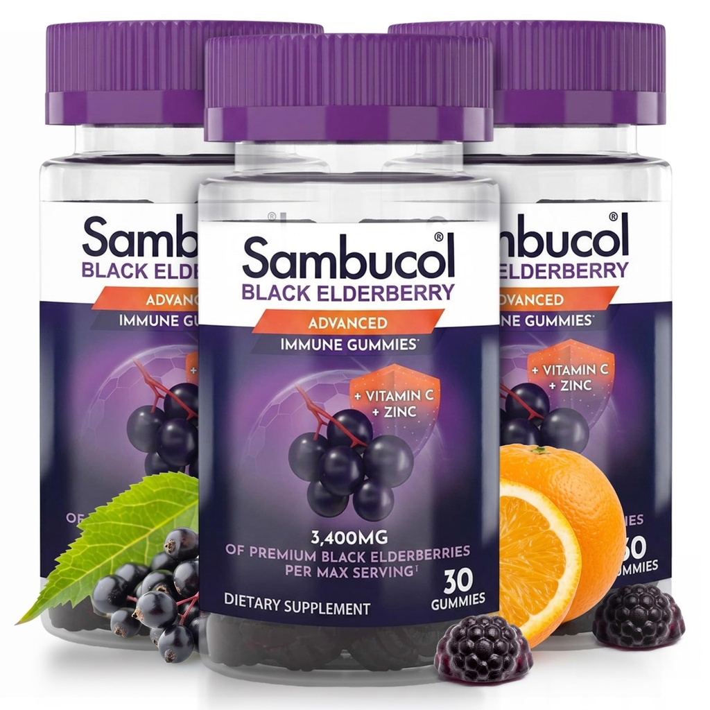 Sambucol Black Elderberry Gummies - Elderberry avec du zinc et de la vitamine C pour les adultes, Sambucus Elderberry Gummies, Immune Support Gummies - 30 Comte, 3 Pack