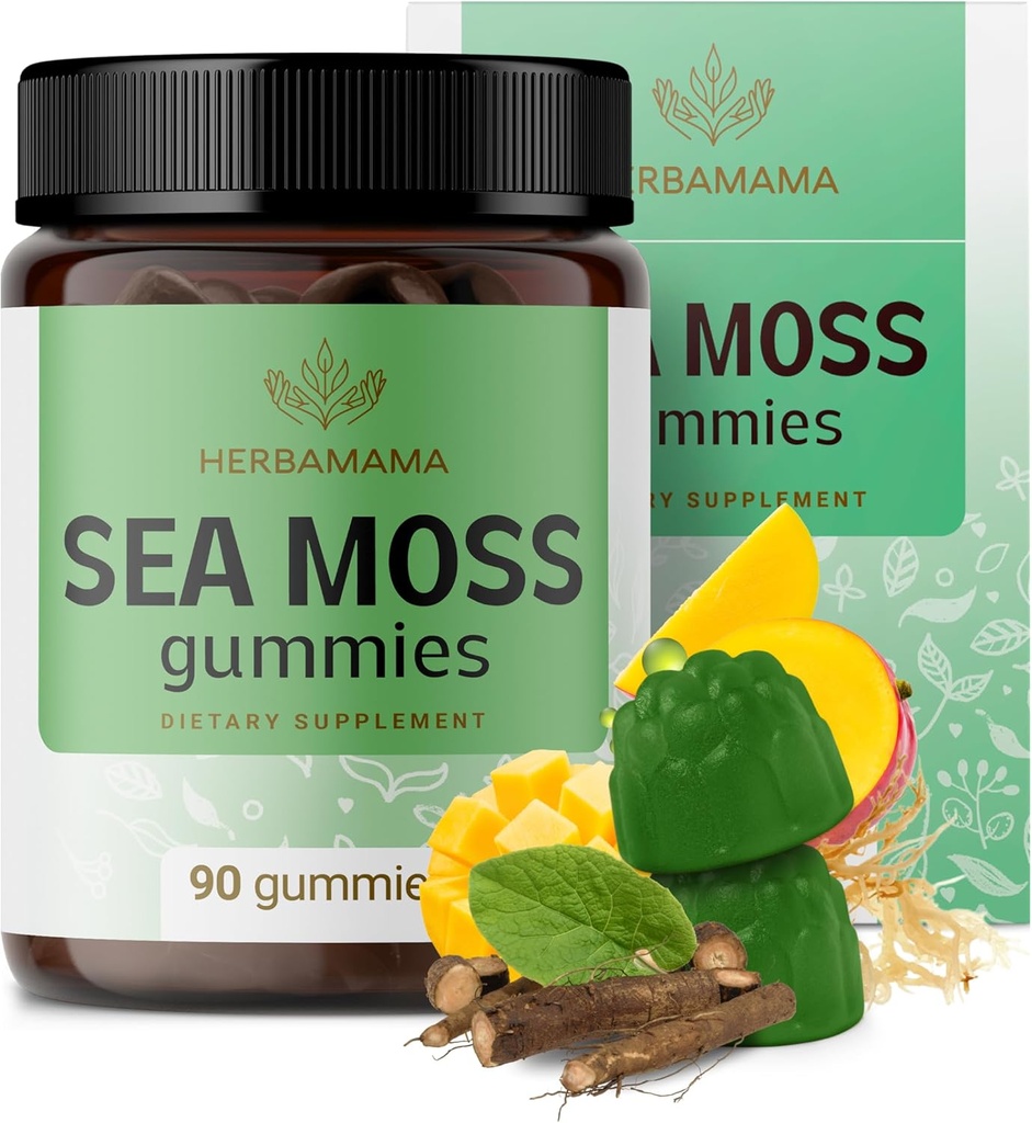 HERBAMAMA Irish Sea Moss Gummies - 1600mg True Sea Moss Supplement avec Bladderwrack et Burdock Root - Vegan, non-OGM Skin Glow, Energy & Immune Support - 90 Pectines à base de mango-lavoré