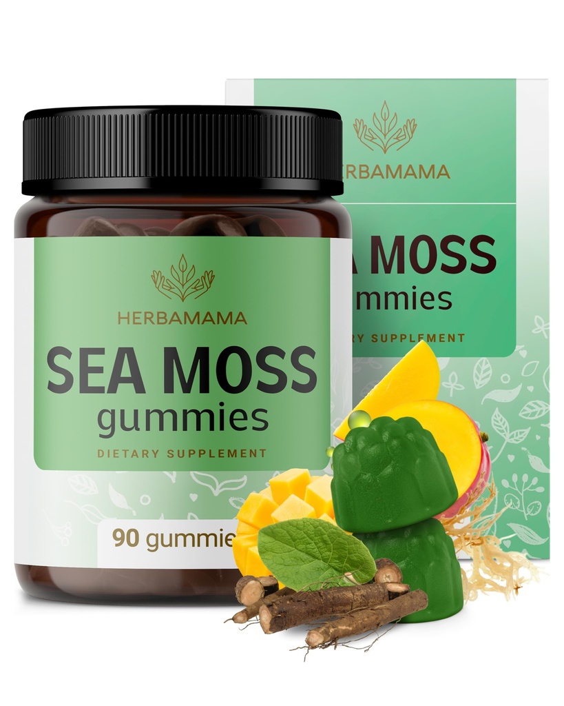 HERBAMAMA Irish Sea Moss Gummies - 1600mg True Sea Moss Supplement avec Bladderwrack et Burdock Root - Vegan, non-OGM Skin Glow, Energy & Immune Support - 90 Pectines à base de mango-lavoré