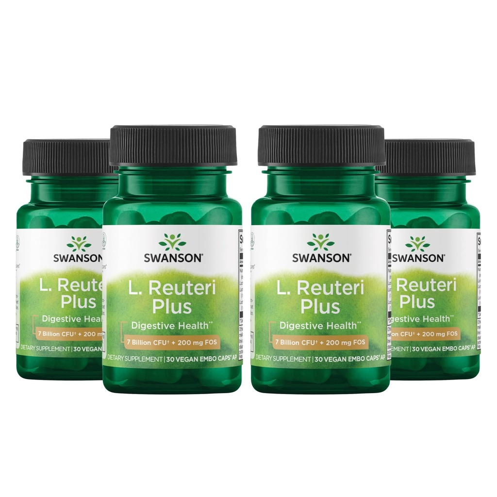 Swanson L. Reuteri Probiotic Plus w/L. Rhamnosus L. Acidophilus & FOS Prebiotic Digestive Support - Promotion de la santé Gut w/ 7 Million CFU par gélule - (30 Capsules de Veggie) (4 Pack)