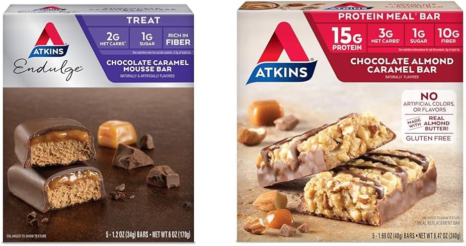 Atkins Endulge Chocolat Caramel Mousse Bar, Dessert Favoris, 1g Sucre, Haute en fibre, 5 Compte et chocolat Amande Caramel Bar, Keto-friendly, Sans gluten avec vrai beurre d'amande, 5 Compte (paquet de 1)
