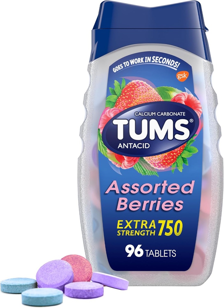TUMS Extra Strength Assorted Berries Antacid Tablets for Heartburn Relief, 96 count