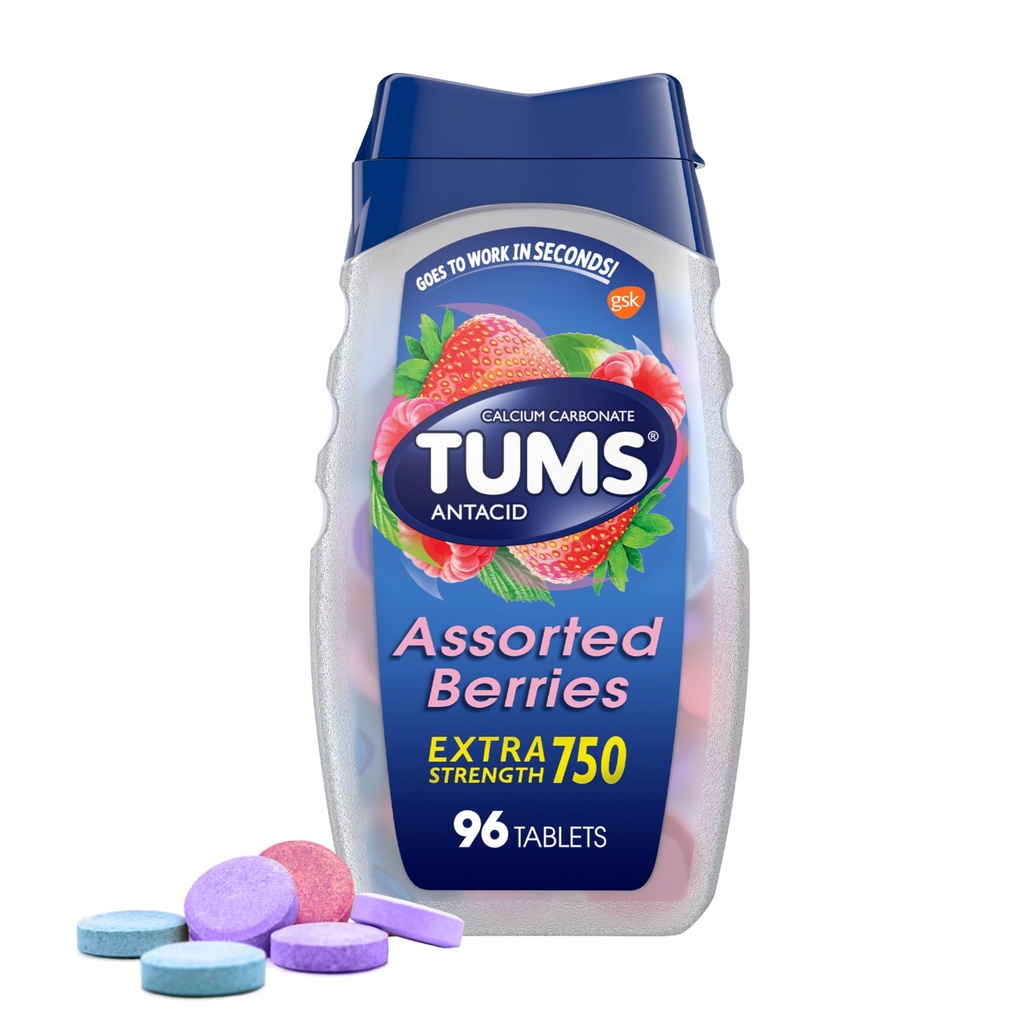 TUMS Extra Strength Assortiment de baies Comprimés antiacides pour le soulagement des brûlures d'estomac, 96 nombre