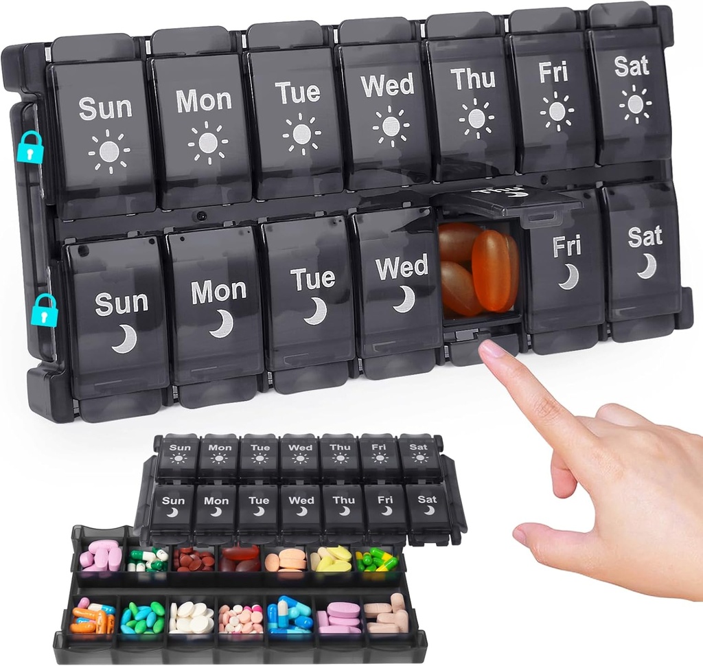 HRX Package Weekly Pill Organizer 2 Times a Day, Easy Fill & Open AM/PM Medicine Box 7 Day Vitamin Cases Day and Night