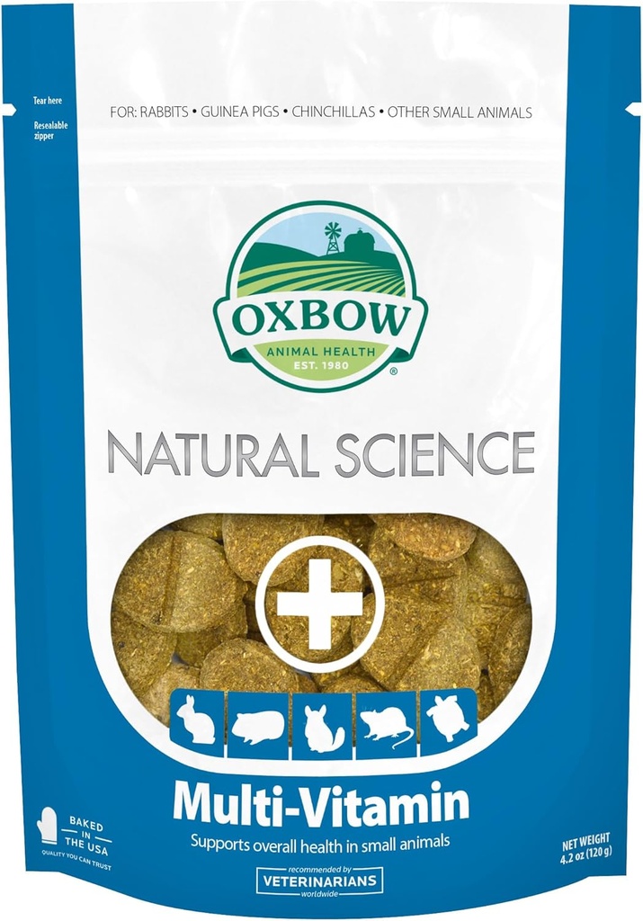 Oxbow Science naturelle Multi-Vitamine, supplément de fibre haute pour les lapins et les cochons de Guinée, fait avec Timothy Hay, les ménages multi-petits, Omega 3 & 6 acides gras, fait aux États-Unis, 4,2 oz sac