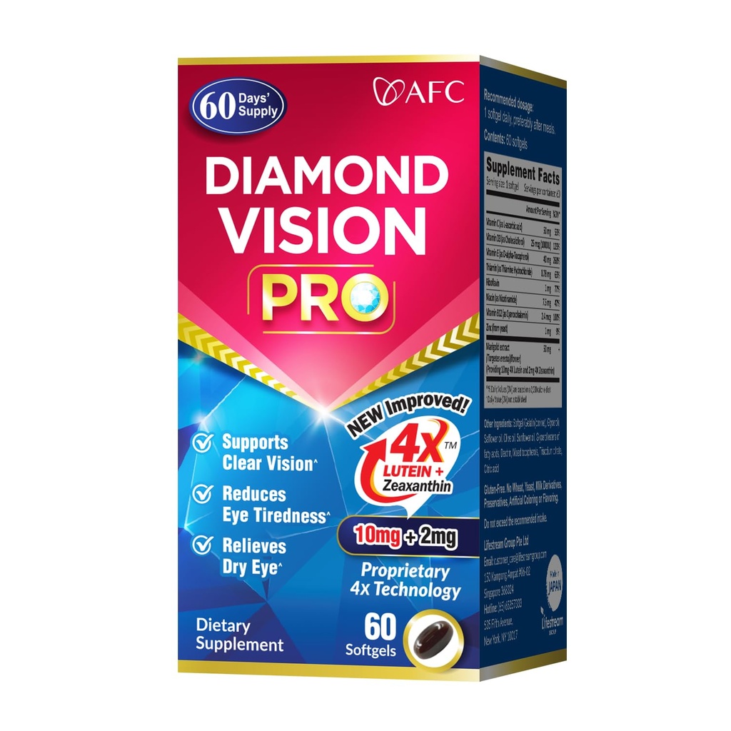 AFC Japan Diamond Vision PRO – Formule améliorée et améliorée - Lutéine et Zeaxanthin 4X avec vitamines oculaires – Supplément santé visuelle pour adultes, exposition à l'écran, utilisation nocturne, 60 softgels