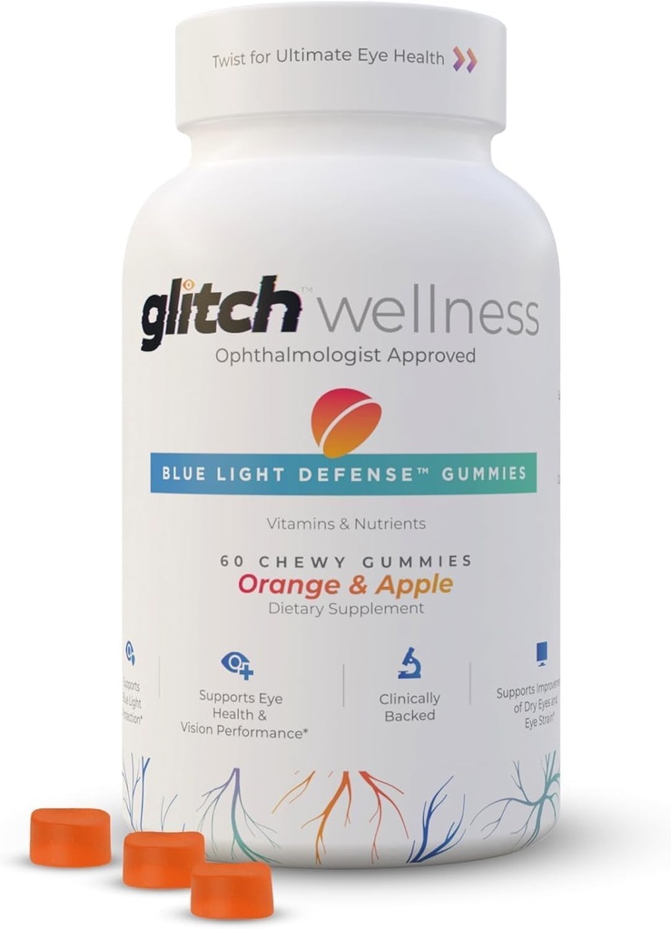 Glitch Gummies for Dry Eyes Blue Light Defense – Vegan, Sugar Free Zeaxanthin and Lutein Gummies for Eyes Supplement for Adults and Seniors (60 Count - 1 Bottle)