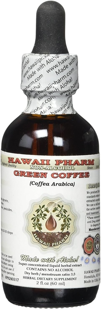 Café vert Extrait liquide sans alcool, café vert (Coffea Arabica) Haricot séché Glycérite Hawaii Pharm supplément naturel à base de plantes 2 oz