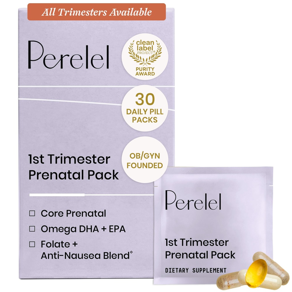 Peredel 1er pack prénatal Trimester, multivitamine avec folate, vitamine D, oméga 3, fer et gingembre, soutien nutritionnel pour la grossesse précoce, sans soja et sans gluten, sans OGM, 30 pill packs quotidiens