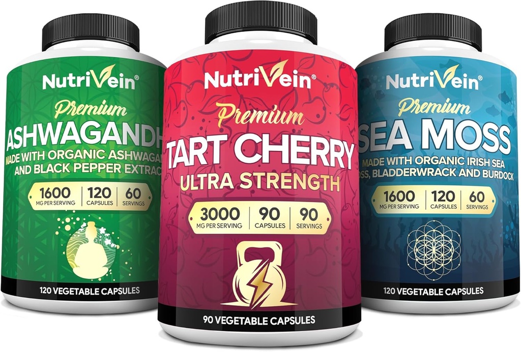 Nutrivein Irish Sea Moss Capsules, Ashwagandha et Tart Cherry Capsules Bundle: Sea Moss, Tart Cherry Supplement, & Ashwagandha Supplements Supporte le bien-être digestif et la nutrition quotidienne