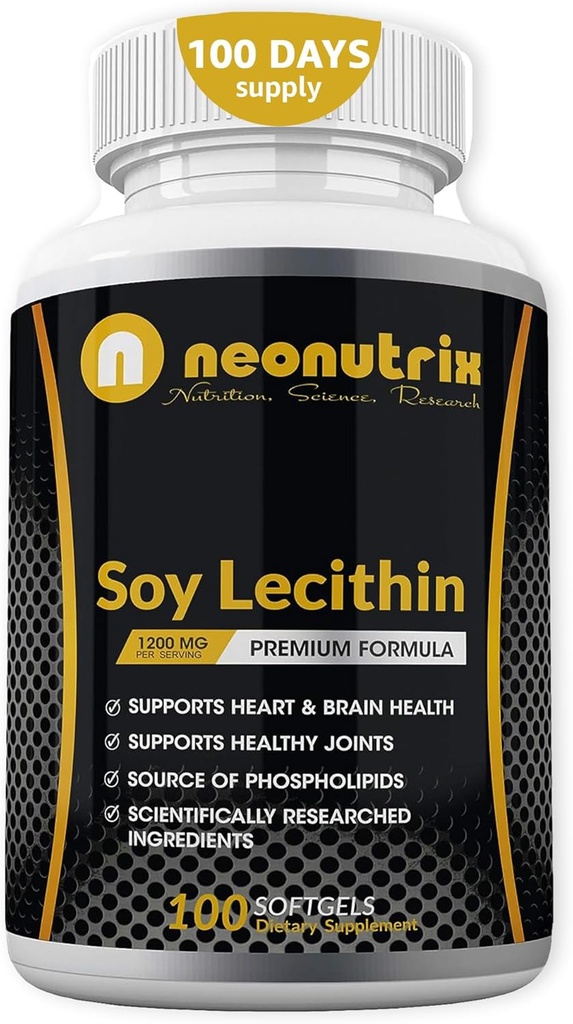 Lécithine de soja Capsules 1200mg (Un par jour, 100 Softgels) Supplément de soutien immunitaire Riche en Phospholipides soutient le métabolisme, le cerveau et la santé cardiaque et fonctions cellulaires Fabriqué aux États-Unis Non-OGM par Neonutrix