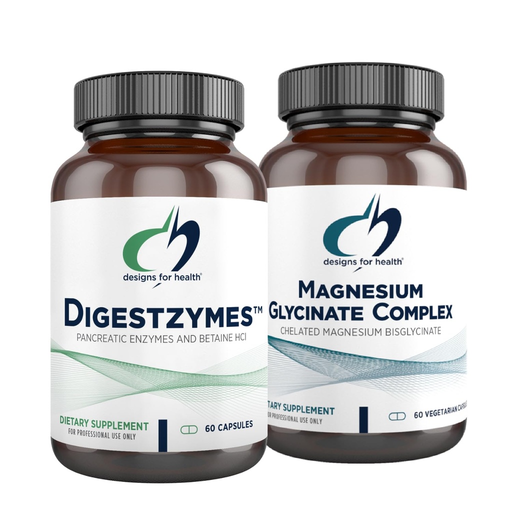 Designs for Health Magnésium Glycinate Complex (60 Capsules) & Digestzymes (60 Capsules) Bundle - Enzymes digestifs pour gaz occasionnels et ballonnement avec supplément de magnésium à haute absorption
