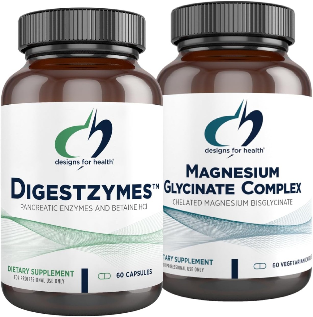 Designs for Health Magnesium Glycinate Complex (60 Capsules) & Digestzymes (60 Capsules) Bundle - Digestive Enzymes for Occasional Gas & Bloating with High Absorption Magnesium Supplement